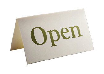 Wall Mural - a white open sign with gold lettering on a white background. the sign is isolated and ready for use.