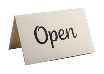 Wall Mural - a close-up shot of a simple white open sign card isolated on a white background. the card has a fold