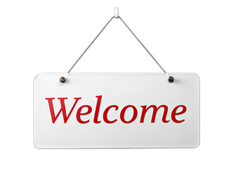 Wall Mural - a white sign with the word welcome written in red hangs from a wire on a white background. generativ