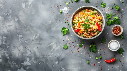 Wall Mural - Tasty vegetable rice pilaf on gray table flat lay with text space