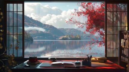 Windows with lake and mountain views. The view is calm and peaceful. The work/study room is decorated with Japanese elements, with a red and black background