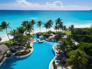 Wall Mural - Aerial view of luxury hotel swimming pool with palm trees at Seychelles