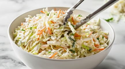Classic coleslaw salad in a white bowl