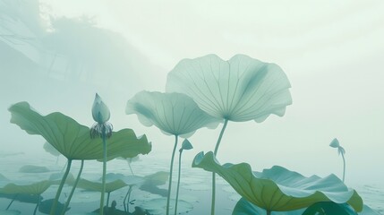 Wall Mural - Green lotus and lotus leaves in the mist, natural scenery, mist, light green, natural romantic color background, wallpaper