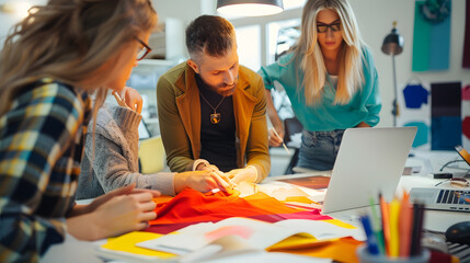 Poster - Fashion design and laptop team at research workshop with ideas for color and textures for clothes at luxury brand Creative business teamwork and proposal brainstorming with creativity  : Generative AI