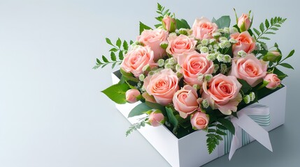 Wall Mural - A heart-shaped gift box filled with vibrant pink roses, set against a white background with ample empty space on the left for text. List of Art Media, Features empty space for text Photograph