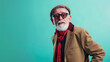 © Generative AI - Cool senior man with fashionable clothing style portrait on colored background  Funny old male pensioner with eccentric style having fun : Generative AI