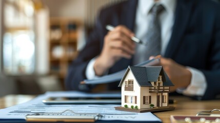 Real estate agent showing house model to client