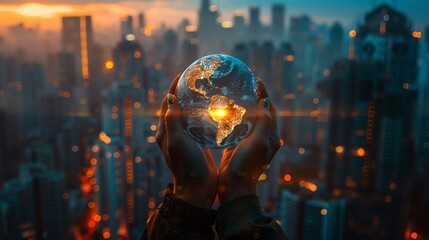Wall Mural - Person holding a glowing Earth globe in front of a city skyline.