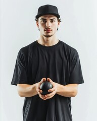 Wall Mural - Young man in black t - shirt holding a black ball.