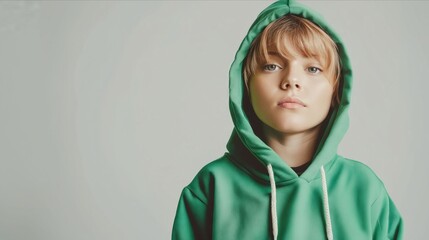 A young boy wearing a green hoodie.