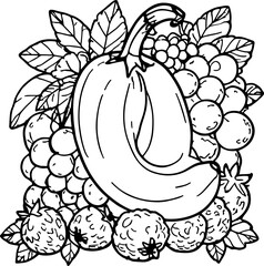 Banana, grape, strawberry, vector, fruit, illustration, flower, food, nature, drawing, pattern, leaf, plant, coloring, floral, design, seamless, cartoon, vegetable, decoration, tree, sketch, berry, or