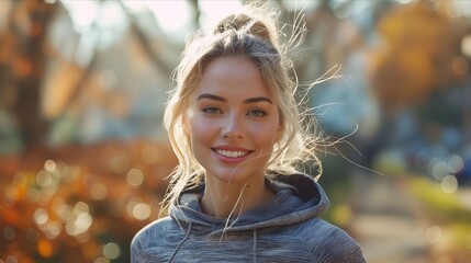 A beautiful woman in a gray sweatshirt smiling.