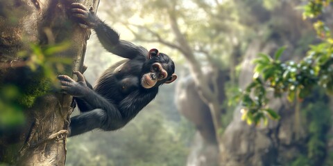 Wall Mural - white tailed macaque, Climbing Chimpanzee in Tropical Forest A full-body shot of a lively chimpanzee climbing a tree in a tropical forest, showcasing its playful nature and dexterity. 