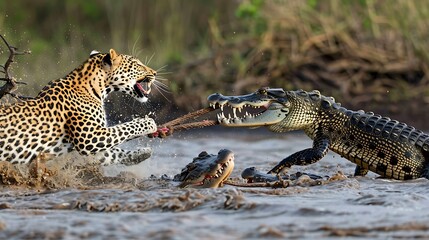 Wall Mural - A leopard and crocodile play tug o war with a red lechwe