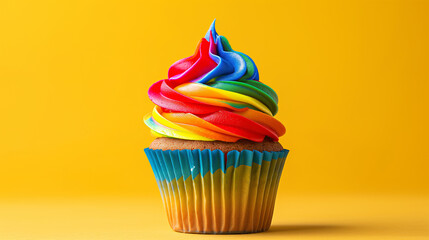 Colorful cupcake with rainbow frosting on a yellow background.