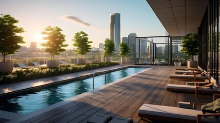 Wall Mural - swimming pool in the city at sunset, panoramic view