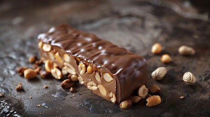 Wall Mural - Aspirational style product shot of a common candy bar consisting of peanuts and caramel on a layer of peanut butter nougat with a chocolate coating