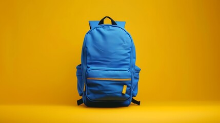 Blue school backpack isolated on yellow