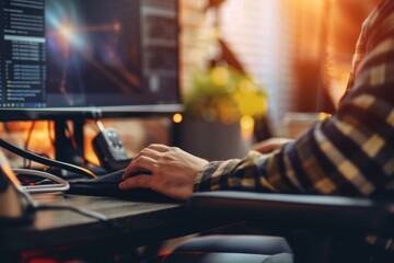a male programmer of caucasian descent working in a modern office environment, focusing intently on 