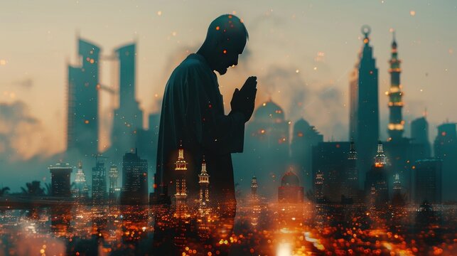 A man in a black robe is praying in front of a city skyline