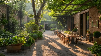 Wall Mural - A serene garden patio with dining tables set under a vine-covered pergola casting dappled light on a brick pathway amidst lush greenery.