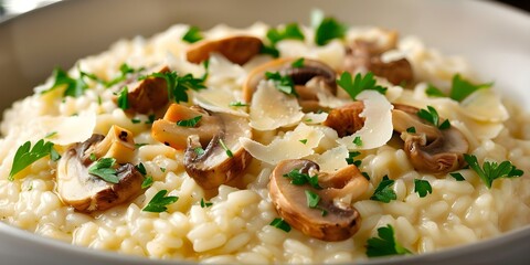 Wall Mural - Mouthwatering creamy mushroom risotto with parsley, Parmesan, and white wine. Concept Recipe, Creamy Mushroom Risotto, Parsley, Parmesan, White Wine