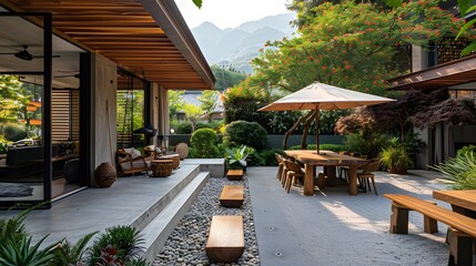 Wall Mural - Modern outdoor patio with wooden furniture and lush greenery set against a backdrop of mountains, ideal for a serene lifestyle concept. 