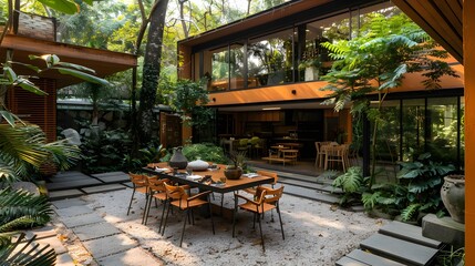 Wall Mural - Modern outdoor dining area with a stylish table set in a lush garden in front of a contemporary home with large windows surrounded by trees 