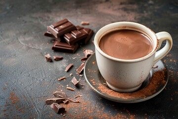 Wall Mural - Cup of hot chocolate and pieces of chocolat on dark concrete background. copy space, Generative ai