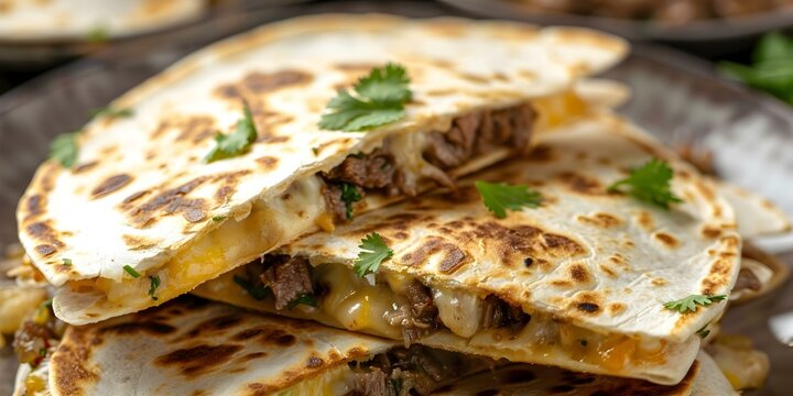 Three stacks of beef cheesy quesadillas garnished with coriander in close-up view. Concept Food Photography, Mexican Cuisine, Quesadilla Presentation, Close-up Shots, Culinary Garnishes