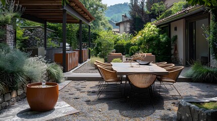 Wall Mural - Modern outdoor dining area in a lush backyard garden with stylish furniture and natural stone paving. 