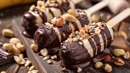 Wall Mural - Frozen banana covered with chocolate and peanuts