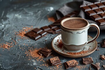 Wall Mural - Cup of hot chocolate and pieces of chocolat on dark concrete background. copy space, Generative ai