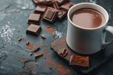 Wall Mural - Cup of hot chocolate and pieces of chocolat on dark concrete background. copy space, Generative ai