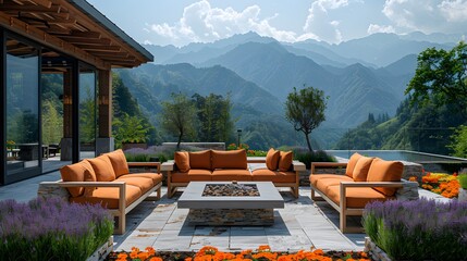 Wall Mural - Luxurious, contemporary outdoor seating arrangement, featuring a sofa and a table next to a modern fire pit overlooking a scenic view of greenery in springtime.