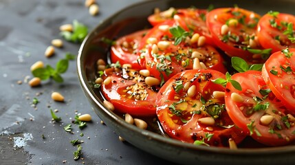 Homemade dish with sliced tomatoes with roasted pine nuts close up