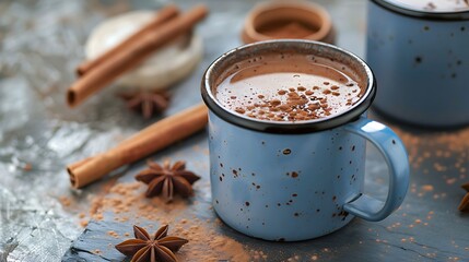 Wall Mural - Homemade spicy hot chocolate with cinnamon in enamel mug on a slate stone or concrete background