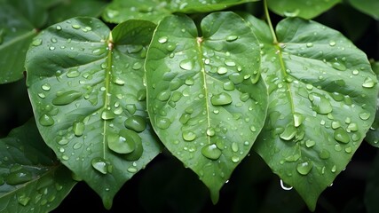 Wall Mural - Nature's Dew: Enormous Verdant Leaves with Drops of Water, Ideal for Botanical Posters and Sustainable Designs