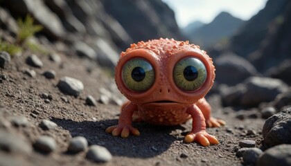 Wall Mural - Cute Cartoon Lizard with Big Eyes on a Rocky Surface.