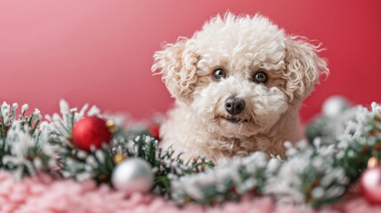 Wall Mural - A white poodle dog with curly fur peeks out from behind a festive Christmas wreath