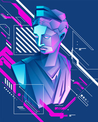 concept of feminine energy or pride month, poster design or banner of Athena statue presented in pop art cyberpunk