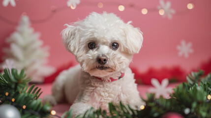 Wall Mural - A white Bichon Frise dog sits in front of a pink Christmas background with white snowflakes and a white Christmas tree