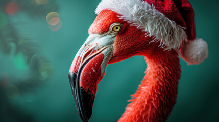 Wall Mural - A close-up image of a pink flamingo wearing a Santa hat, looking towards the left of the frame. The background is blurry and a greenish color