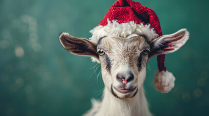 Wall Mural - A white goat with a red Santa hat on, looking directly at the camera, with a green background