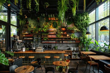 Wall Mural - A trendy cafe or restaurant interior decorated with faux foliage hanging from the ceiling or adorning shelves, infusing the space with a contemporary botanical charm