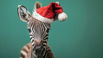 Wall Mural - A zebra wearing a Santa hat looks directly at the camera against a teal background