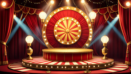 Wall Mural -  Circus stage podium background 3D carnival light red show curtain. Circus platform stage podium tent theater arena sign vintage spotlight circle stand bulb ringmaster ring cirque cartoon party cinema