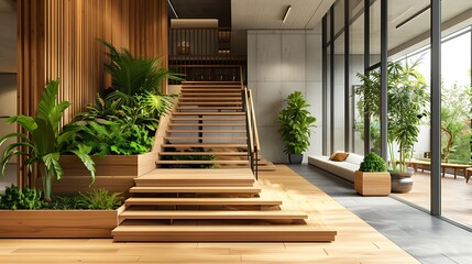 Wall Mural - Modern office or library interior with wooden staircase plants and waiting area