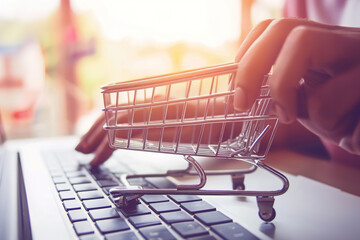 Wall Mural - Online shopping on laptop: Person browsing products on a laptop for e-commerce.